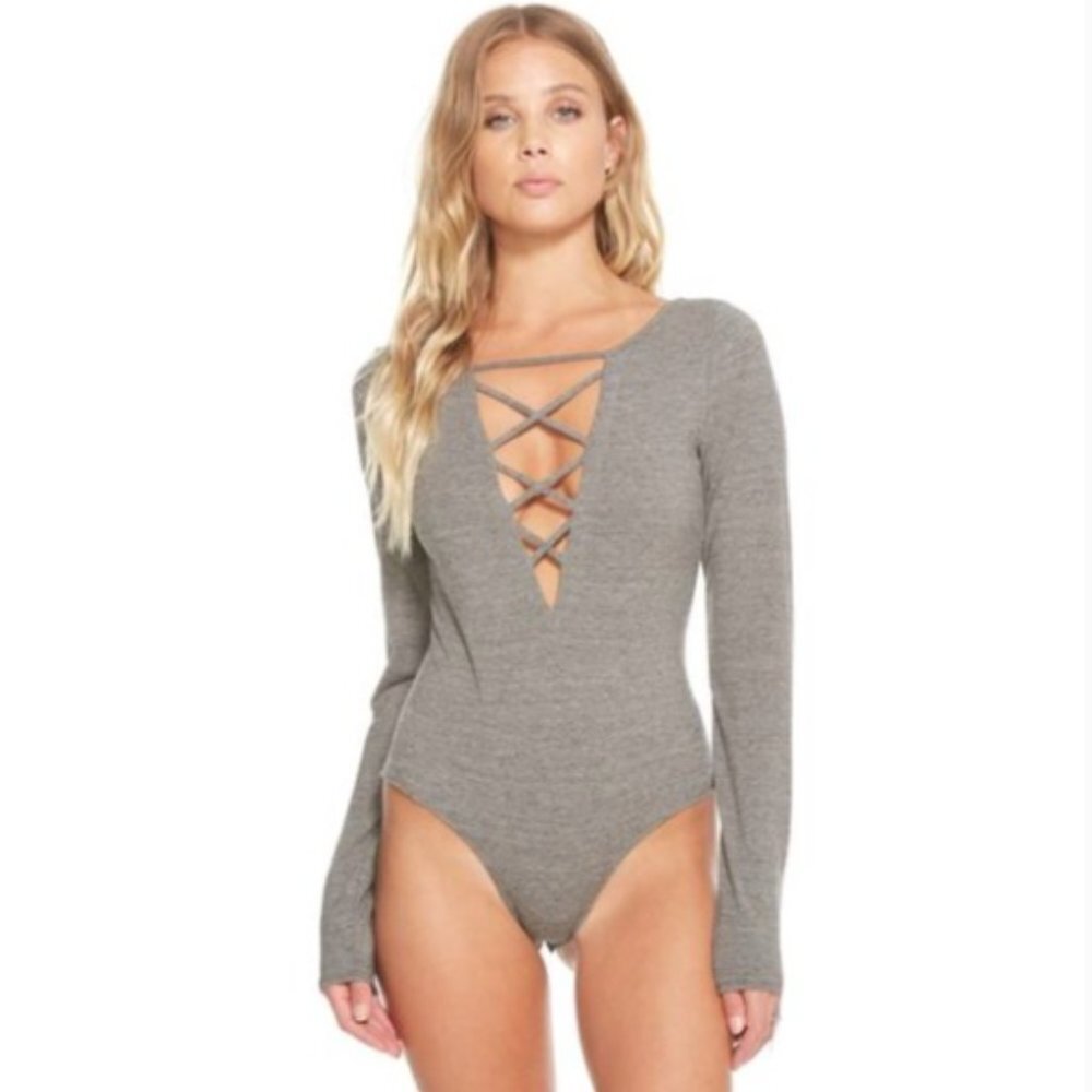 Chaser Grey Heathered Long Sleeve Criss Cross Body Suit size S